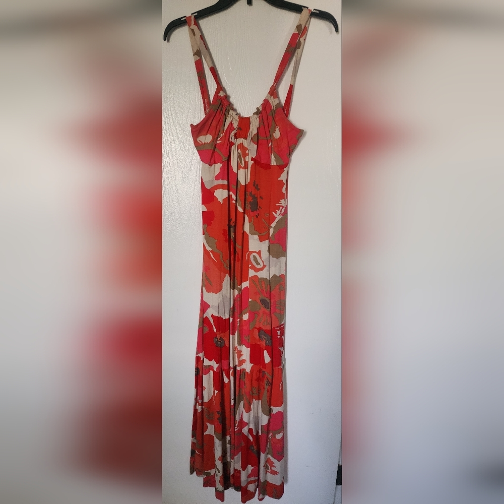 Women's Bright Large Floral Print Ruffled Maxi Dress With some Stretch